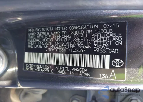 2015 Toyota Prius C Four из США, поврежденный, VIN JTDKDTB34F1105567